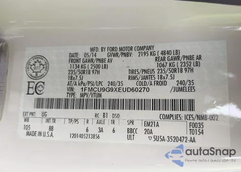 2014 Ford Escape Se из США, поврежденный, VIN 1FMCU9G9XEUD60270